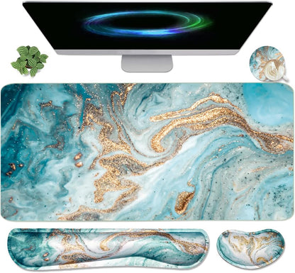 Extended Keyboard and Mouse Pad Set with Ergonomic Wrist Rest Support - Memory Foam, 3-Piece Desk Pad Set (35.4 x 15.7 in) for Home Office, Study, and Gaming - Weeds Design