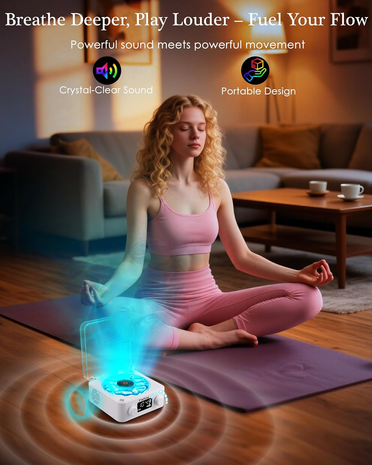 Charming Waves Vinyl Bluetooth Speaker - Retro Style with Ocean Sound White Noise, Ambient Light & Timer for Relaxation and Fun