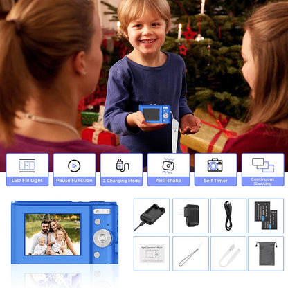 Professional Digital Camera for Kids and Beginners, 48MP Full HD 1080P Mini Vlogging Camera with 16X Zoom, Dual Charging Modes, Compact Pocket Design (Blue)