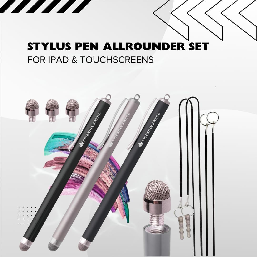 Professional Mesh Tip Stylus Pen Set for Touchscreen Devices – 3-Pack Micro-Knit Capacitive Stylus with Replaceable Fiber Tips, Elastic Lanyards, and Screen Cleaning Cloth