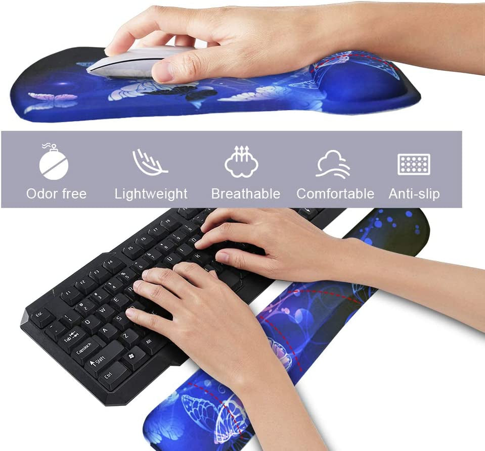 Mouse Pad with Wrist Support and Keyboard Wrist Rest Pad Set,Ergonomic Mouse Pads for Computers Laptop,Non-Slip Comfortable Mousepad W/Raised Memory Foam for Easy Typing & Pain Relief (Arts Butterfly)