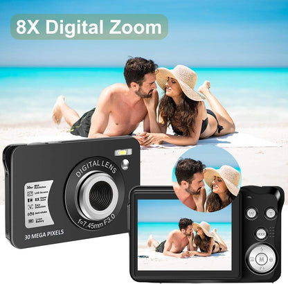 Compact 30 MP Digital Camera with 2.7 Inch LCD Screen and 8X Digital Zoom - Ideal for Vlogging, Suitable for Adults, Kids, and Beginners (Includes 32GB SD Card and Battery) - Black