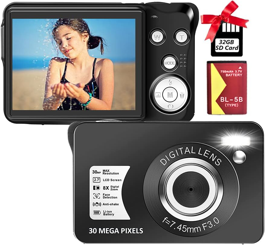 Compact 30 MP Digital Camera with 2.7 Inch LCD Screen and 8X Digital Zoom - Ideal for Vlogging, Suitable for Adults, Kids, and Beginners (Includes 32GB SD Card and Battery) - Black