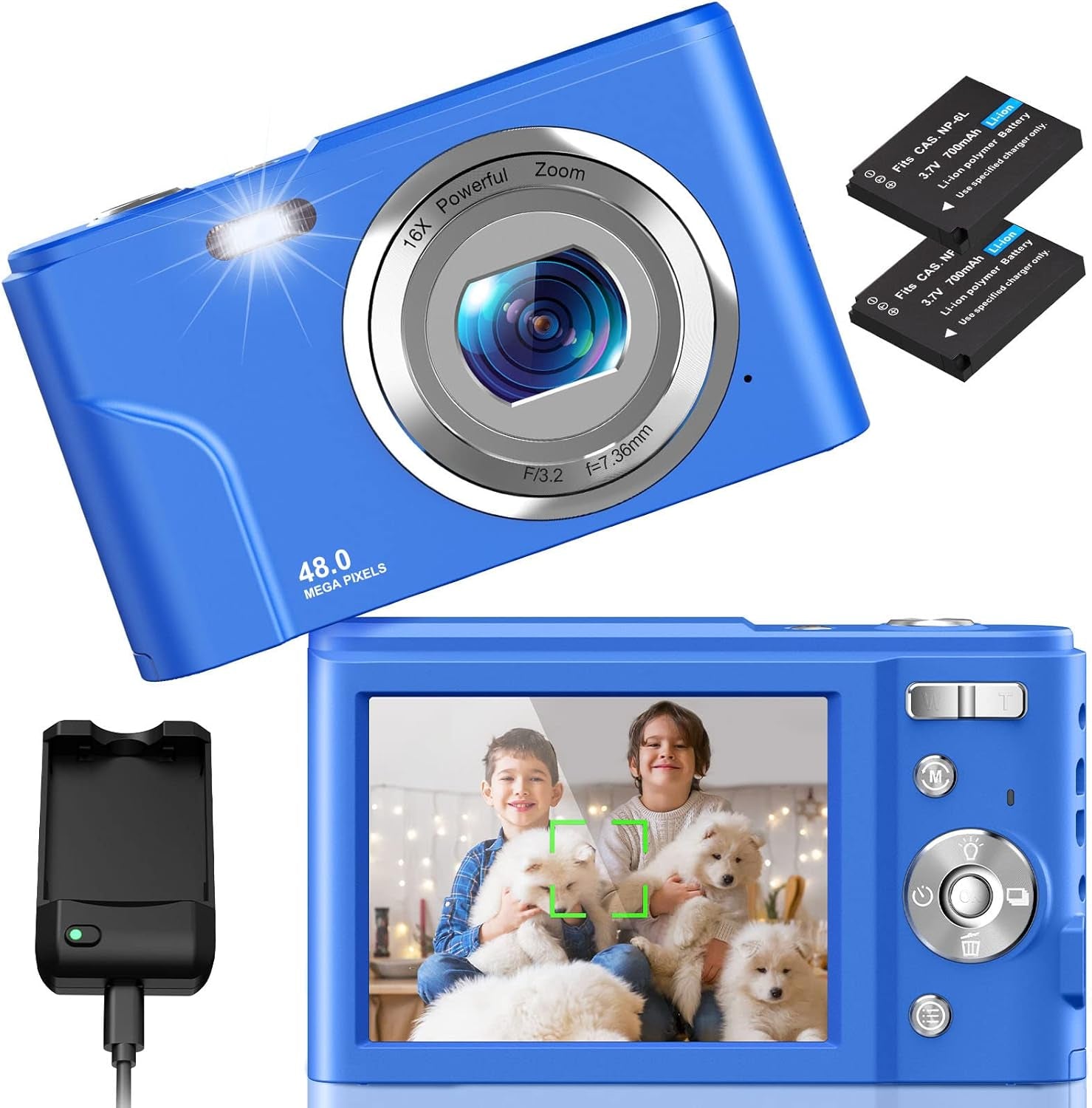 Professional Digital Camera for Kids and Beginners, 48MP Full HD 1080P Mini Vlogging Camera with 16X Zoom, Dual Charging Modes, Compact Pocket Design (Blue)