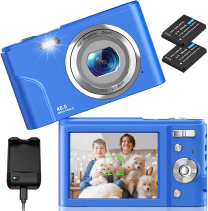 Professional Digital Camera for Kids and Beginners, 48MP Full HD 1080P Mini Vlogging Camera with 16X Zoom, Dual Charging Modes, Compact Pocket Design (Blue)