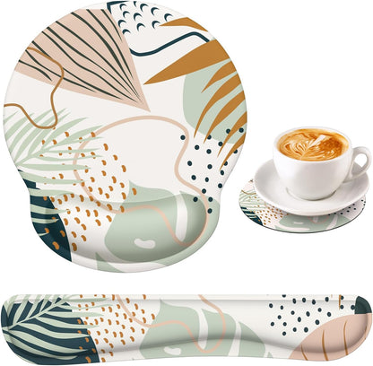Ergonomic Mouse Pad and Wrist Support Set with Non-Slip Base for Computer and Laptop Use, Includes Coasters, Ideal for Home Office, Tropical Plants Design