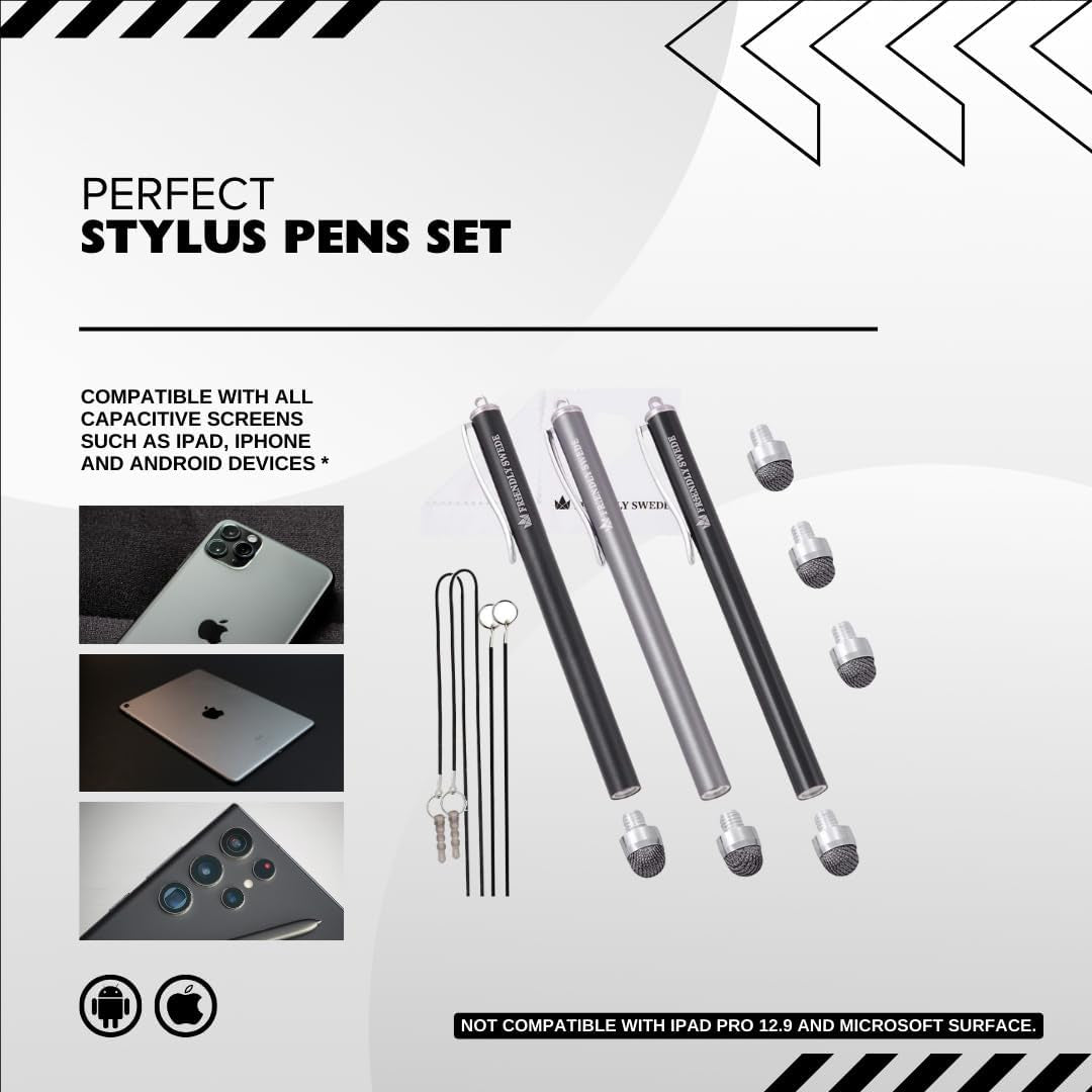 Professional Mesh Tip Stylus Pen Set for Touchscreen Devices – 3-Pack Micro-Knit Capacitive Stylus with Replaceable Fiber Tips, Elastic Lanyards, and Screen Cleaning Cloth
