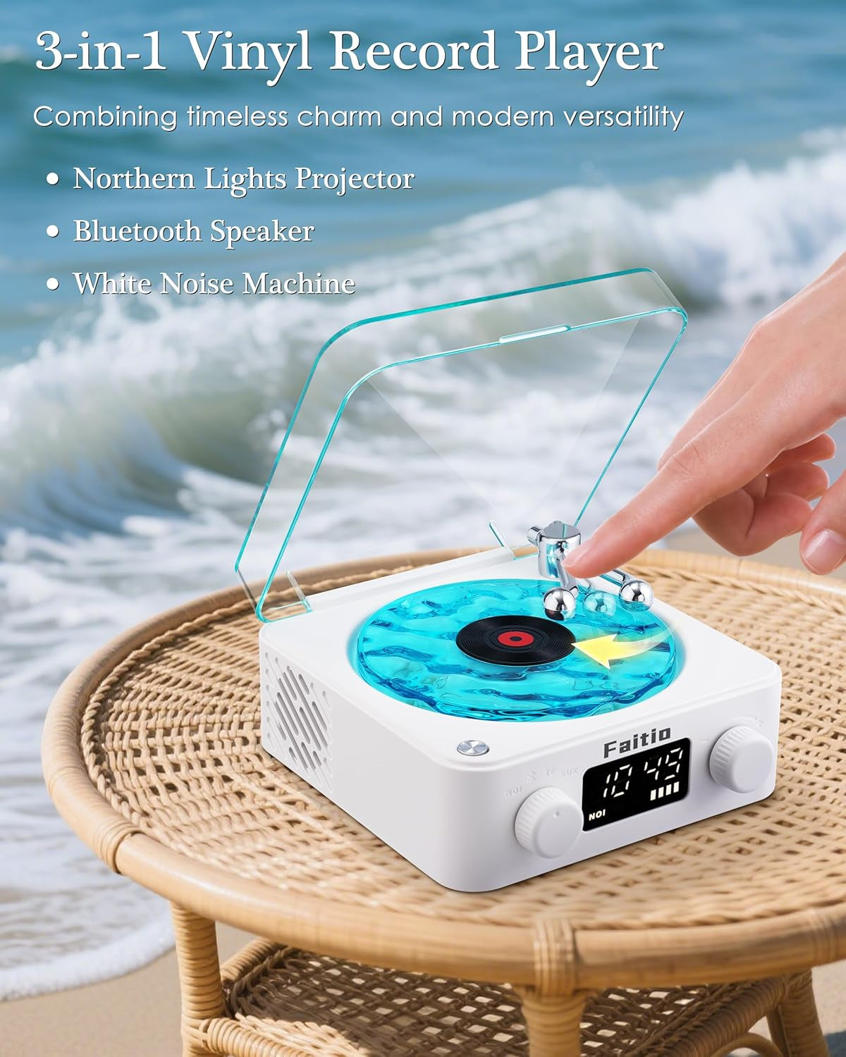 Charming Waves Vinyl Bluetooth Speaker - Retro Style with Ocean Sound White Noise, Ambient Light & Timer for Relaxation and Fun