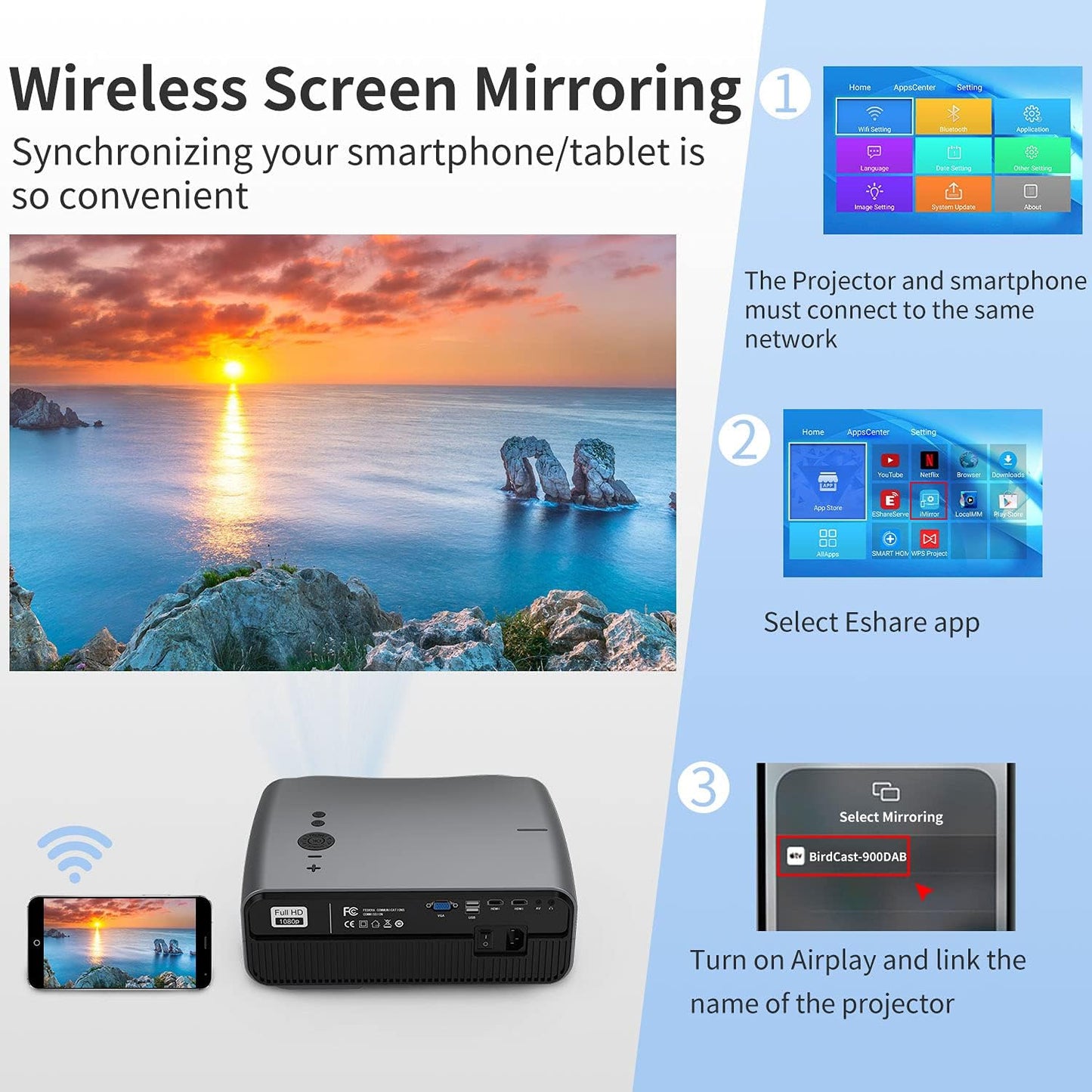 Smart Home Projector - 10,000 Lumen, Native 1080P, 4K Support, 300" Image, Built-in Android System, 5G Wi-Fi, Bluetooth - Full HD for Outdoor Movies, Netflix, Gaming, and Work