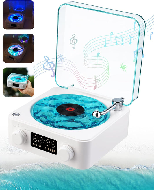 Charming Waves Vinyl Bluetooth Speaker - Retro Style with Ocean Sound White Noise, Ambient Light & Timer for Relaxation and Fun