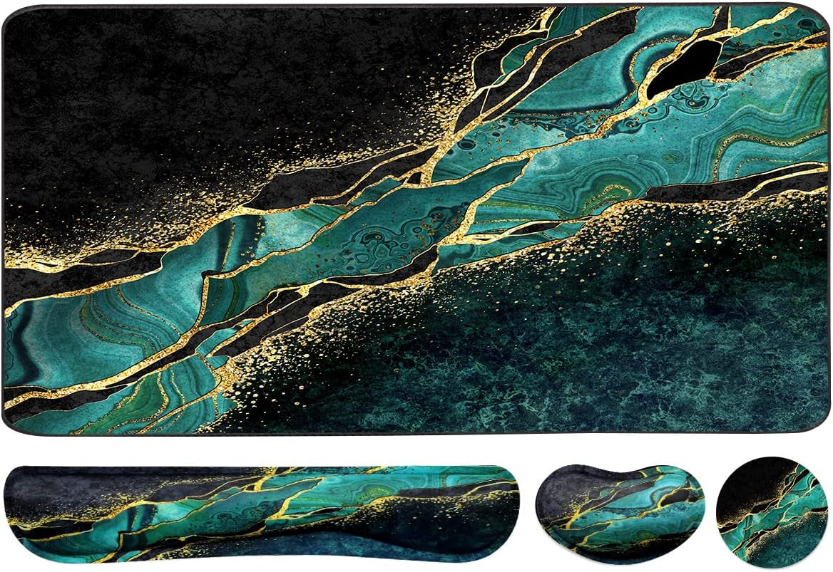 Extended Keyboard and Mouse Pad Set with Ergonomic Wrist Rest Support - Memory Foam, 3-Piece Desk Pad Set (35.4 x 15.7 in) for Home Office, Study, and Gaming - Weeds Design