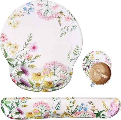 Ergonomic Mouse Pad and Wrist Support Set with Non-Slip Base for Computer and Laptop Use, Includes Coasters, Ideal for Home Office, Tropical Plants Design