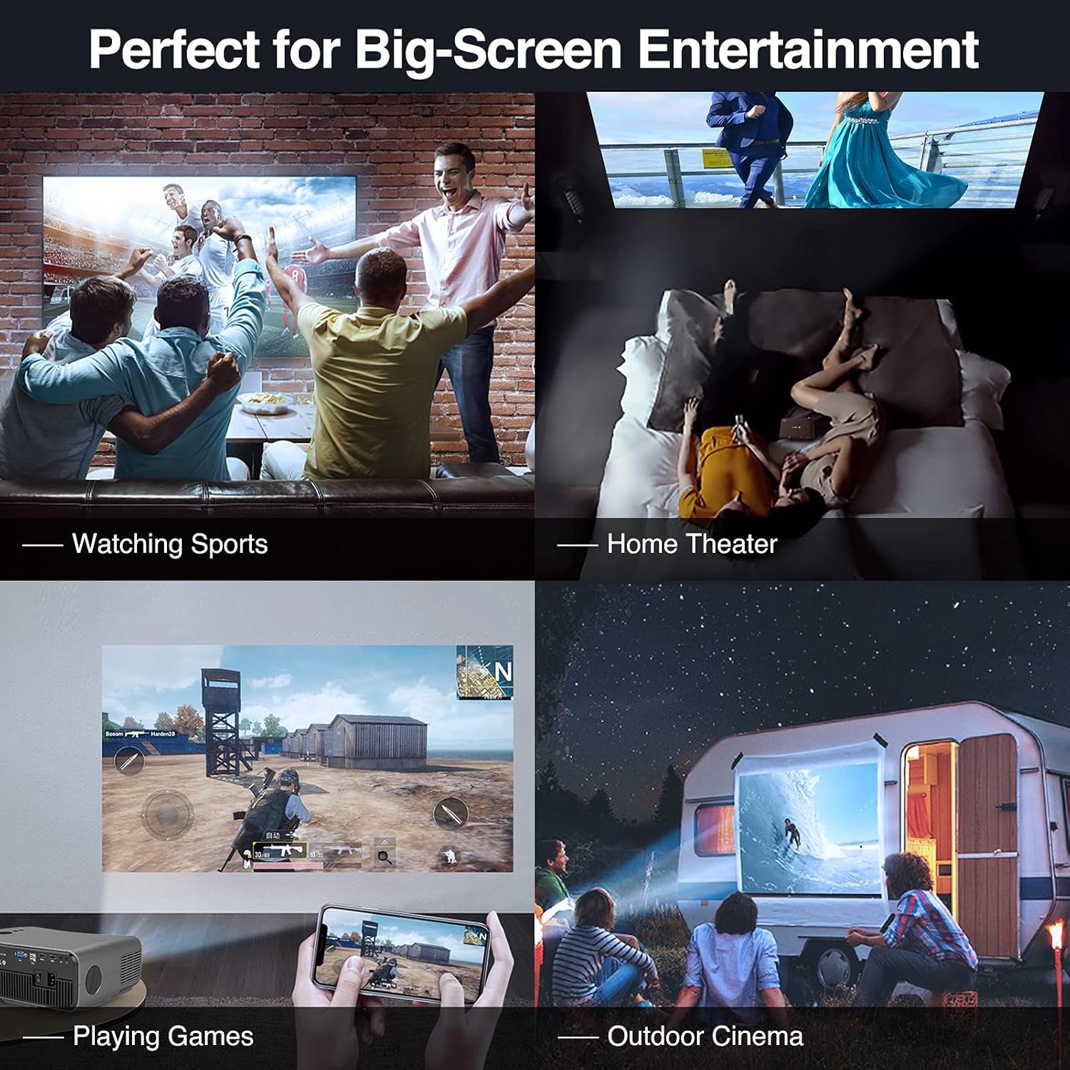 Smart Home Projector - 10,000 Lumen, Native 1080P, 4K Support, 300" Image, Built-in Android System, 5G Wi-Fi, Bluetooth - Full HD for Outdoor Movies, Netflix, Gaming, and Work