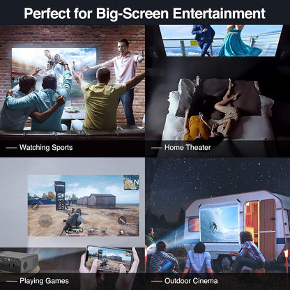 Smart Home Projector - 10,000 Lumen, Native 1080P, 4K Support, 300" Image, Built-in Android System, 5G Wi-Fi, Bluetooth - Full HD for Outdoor Movies, Netflix, Gaming, and Work
