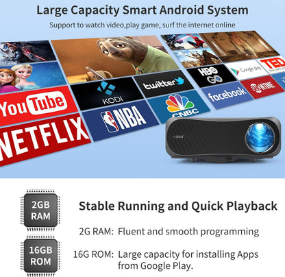 Smart Home Projector - 10,000 Lumen, Native 1080P, 4K Support, 300" Image, Built-in Android System, 5G Wi-Fi, Bluetooth - Full HD for Outdoor Movies, Netflix, Gaming, and Work